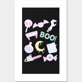 Pastel goth cute pattern black background Posters and Art